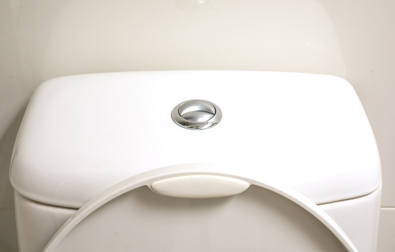 Top of toilet with easy flush metal button
